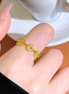 金色锆石钱币开口戒指高级感指环