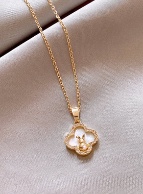 金色微镶四叶草兔子吊坠项链小众