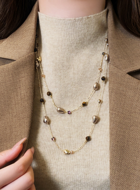 双层叠戴虎眼石串珠长项链高级感