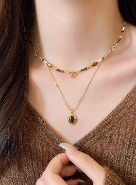 美拉德虎眼石吊坠双层项链高级感