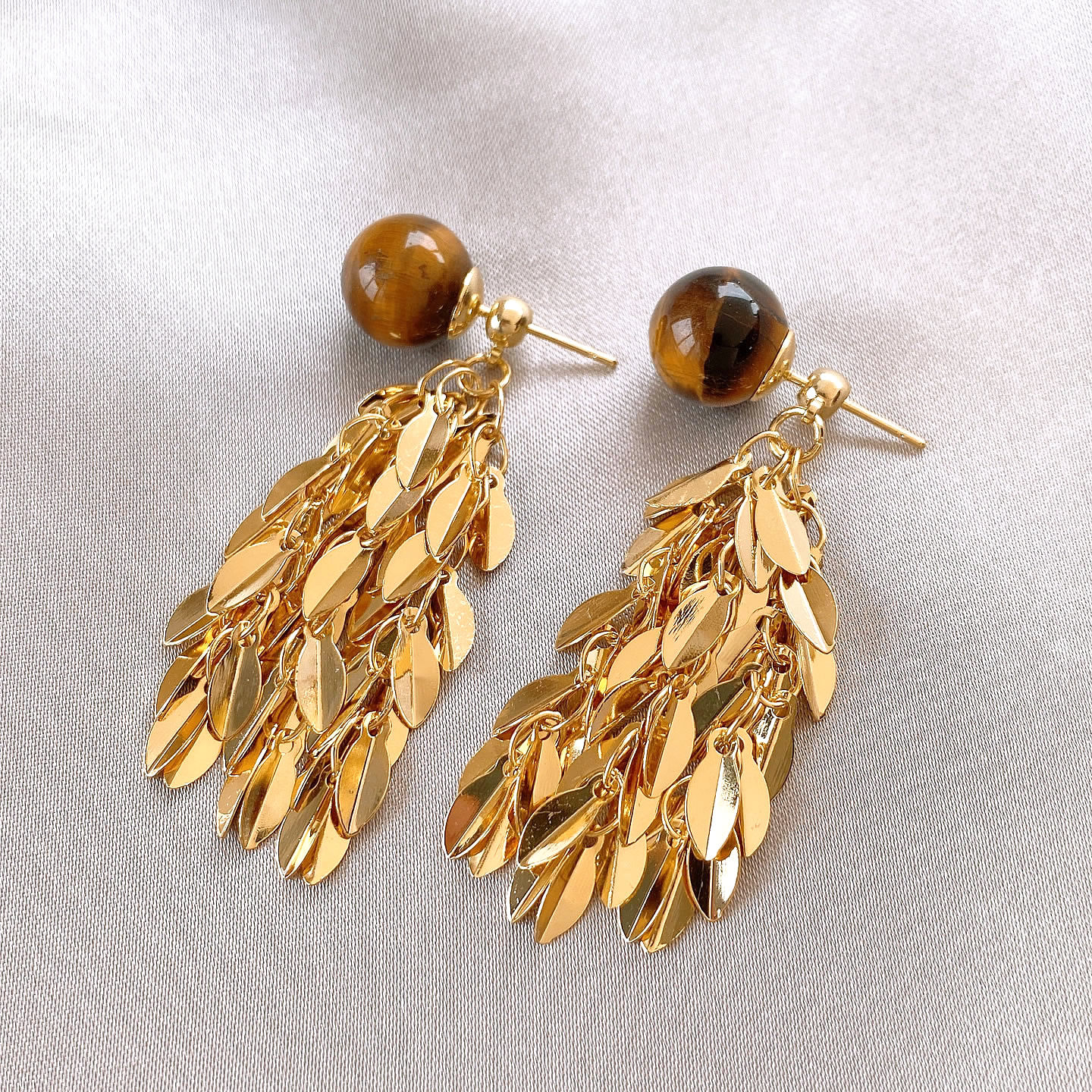金色叶子流苏虎眼石圆球耳钉女绝美独特夸张耳饰精致耳环2025新款 - 图1
