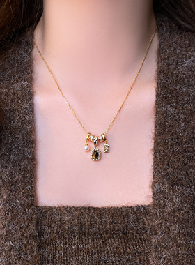 金色锆石圆环虎眼石珍珠吊坠项链