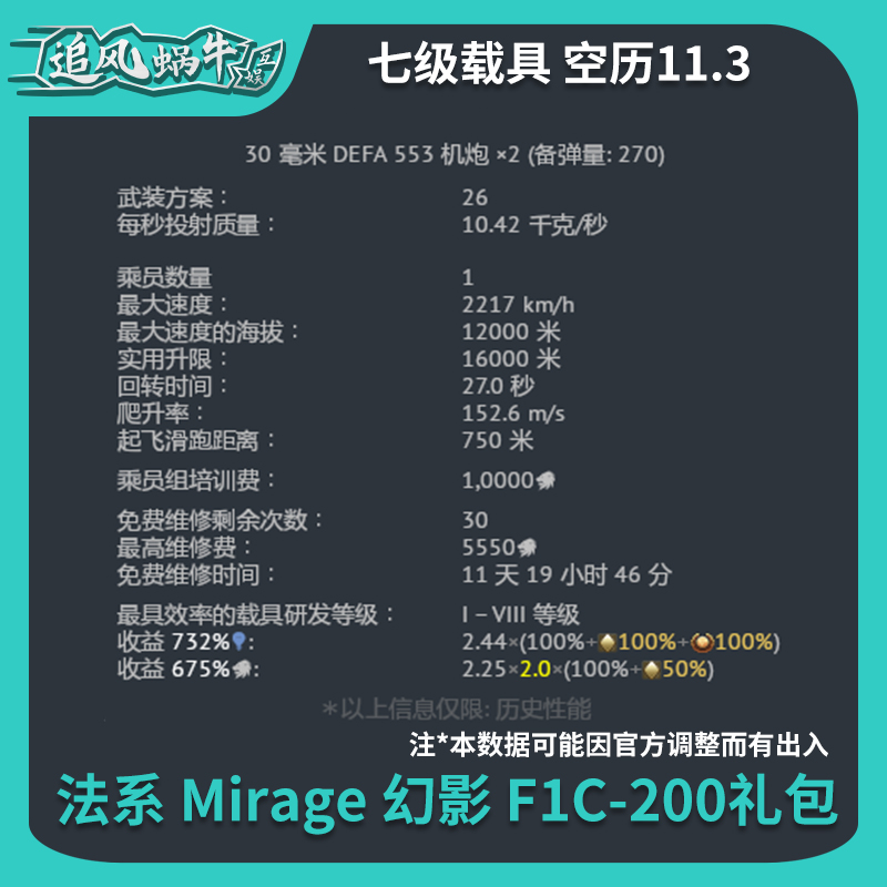 War thunder 战争雷霆 法兰西 Mirage幻影 F1C200 礼包 追风蜗牛 - 图0