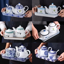 New Lanzhou Lanoodle Vinegar Pot Green Flower Cutlery Chili Jar Lid Ceramic Seasoning Jar Three-piece Noodle Gallery Commercial