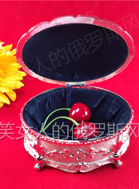 特价俄罗斯K2锡金属棉签珠宝首饰盒精美白钻椭圆形银边亮粉色大号