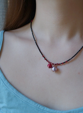 扑扑制物•孤品原创设计进口仿珍珠黑尖晶复古项链小众个性特别