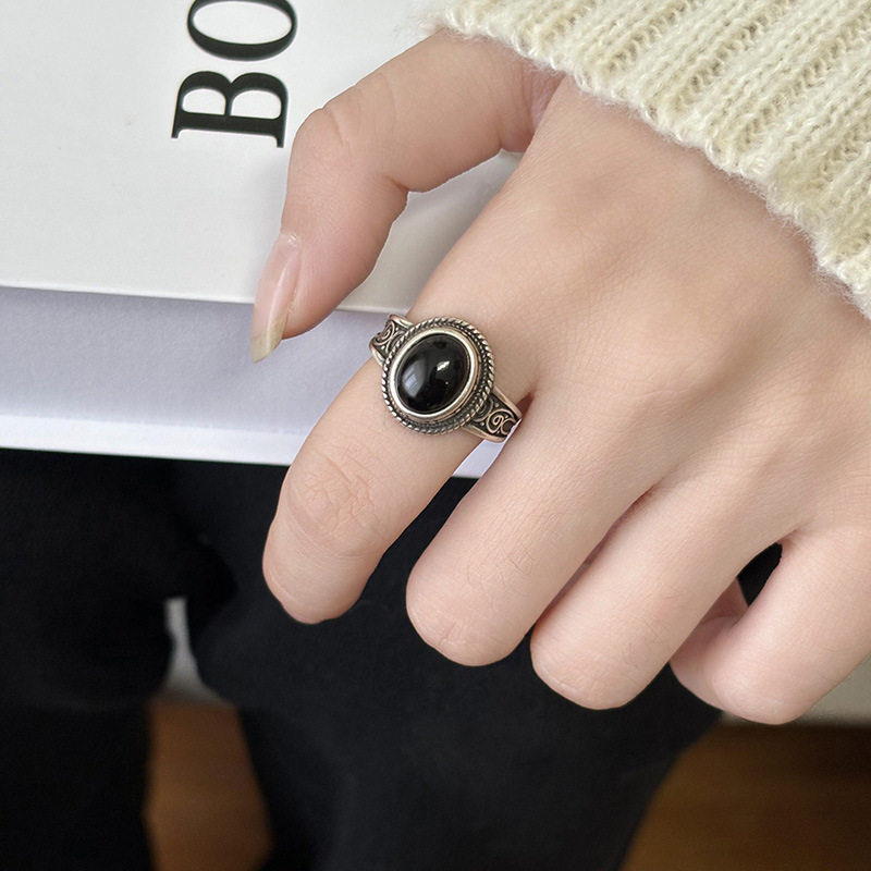 丨10% off area丨Black onyx twill twist ring new style inlay fashion niche design retro personality