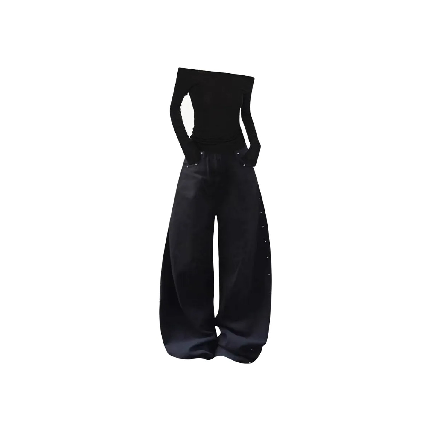 大码美式复古铆钉设计感牛仔裤女春季新款街头个性宽松黑色弯刀裤,淘宝优惠券,粉丝福利购,淘宝优惠卷