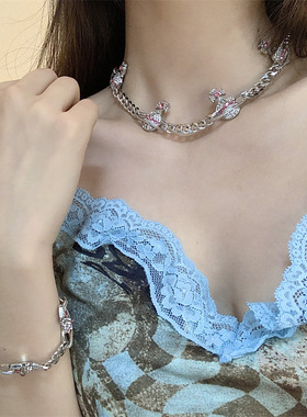 小众设计感粉色满钻星球立体土星百搭链条项链同款手链