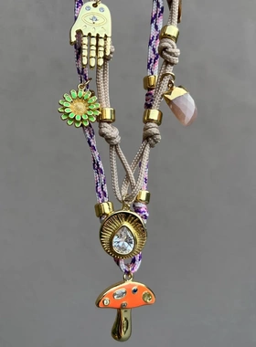 跨境新款多巴胺彩绳不锈钢配件爱心恶魔之眼吊坠多彩时尚个性项链