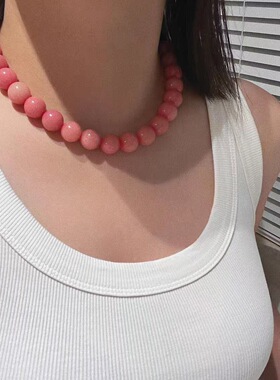 新款粉色串珠项链新潮小众设计玉石女锁骨链招桃花时尚饰品