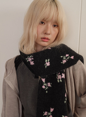 自制花朵提花羊毛混纺针织围巾女秋冬季氛围感韩系保暖毛线围脖