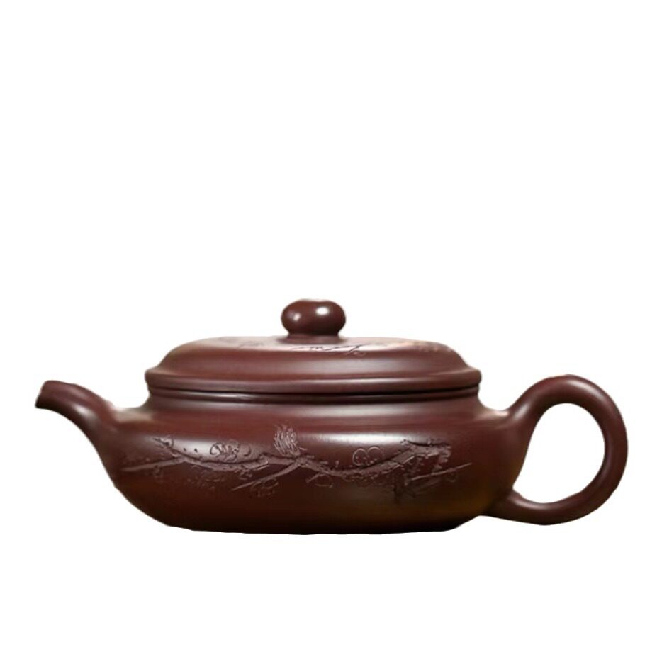 Authentic Yixing purple sand pot original ore stale purple vermilion mud plum blossom flat belly pot household kung fu teapot tea set gift