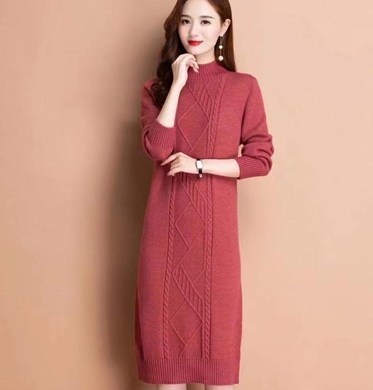 秋冬新款羊毛衫中长款毛衣女装过膝加厚宽松大码针织连衣裙打底衫 - 图1