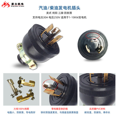 原装汽油发电机插头3KW5KW8KW全铜美式插座家用220V三孔插头包邮 - 图0