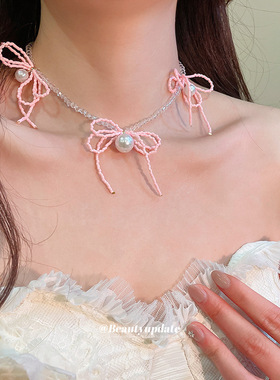 韩系甜美几何粉色蝴蝶结珍珠项链轻奢高级感锁骨链时尚精致颈链女