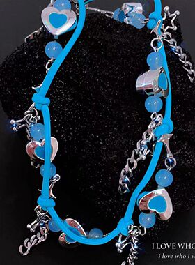 蓝色皮革绳子爱心挂坠五角星爱心