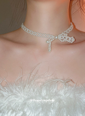 短款蝴蝶结设计感时尚项链淡水珍珠高级感挂链优雅韩国版锁骨链女