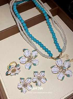 镶钻滴油珍珠花朵吊坠项链套装中古vintage锁骨链轻奢高级感项饰