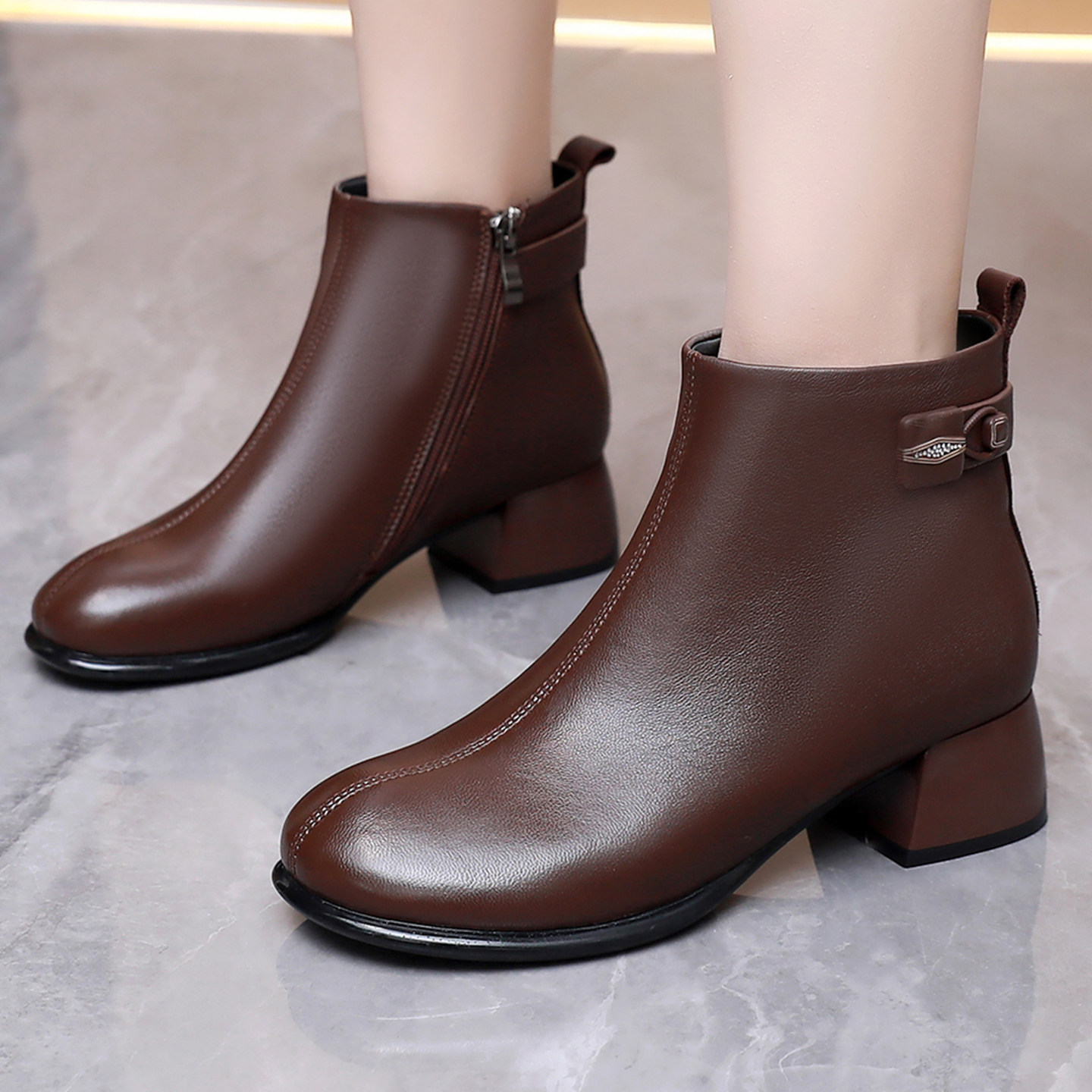 羊皮粗跟短靴女春秋单靴真皮中跟小皮靴软底棉皮鞋冬季加绒妈妈鞋,淘宝优惠券,粉丝福利购,淘宝优惠卷