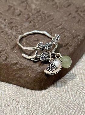 复古玫瑰藤蔓缠绕叠口戒指女国风