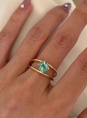 ins风欧美双层金线条椭圆绿宝石