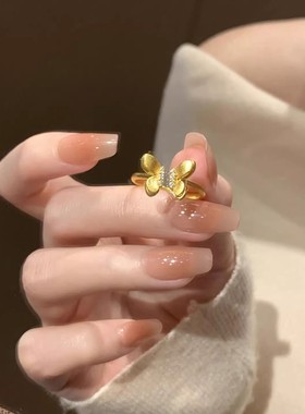 中古风金色拉丝镶钻蝴蝶戒指指环