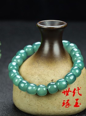 新疆和田玉湖水蓝手串老型珠手链男女款玉石苹果珠手串手链玉珠子