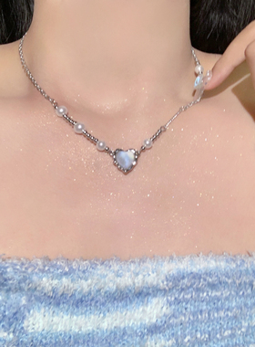 不对称蓝色爱心项链小众设计颈链