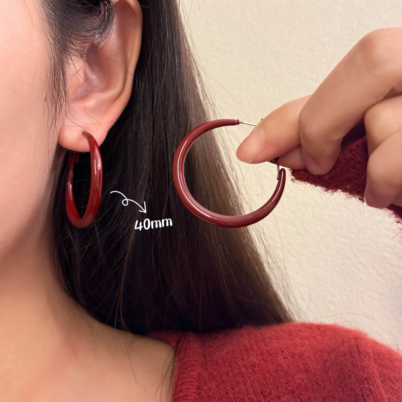 复古港风安可拉红色耳圈秋冬素圈耳环女高级感耳钉气质夸张耳饰,淘宝优惠券,粉丝福利购,淘宝优惠卷