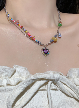 不对称天然石爱心项链颈链