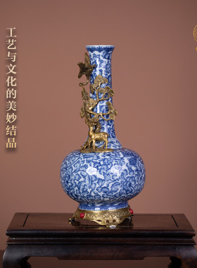 中式陶瓷大肚手绘铜鹿台面花瓶