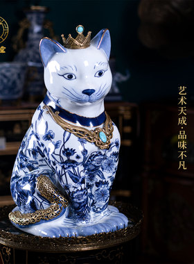 陶瓷手绘招财猫装饰摆件家居送礼工艺品青花瓷乔迁礼物开业送礼