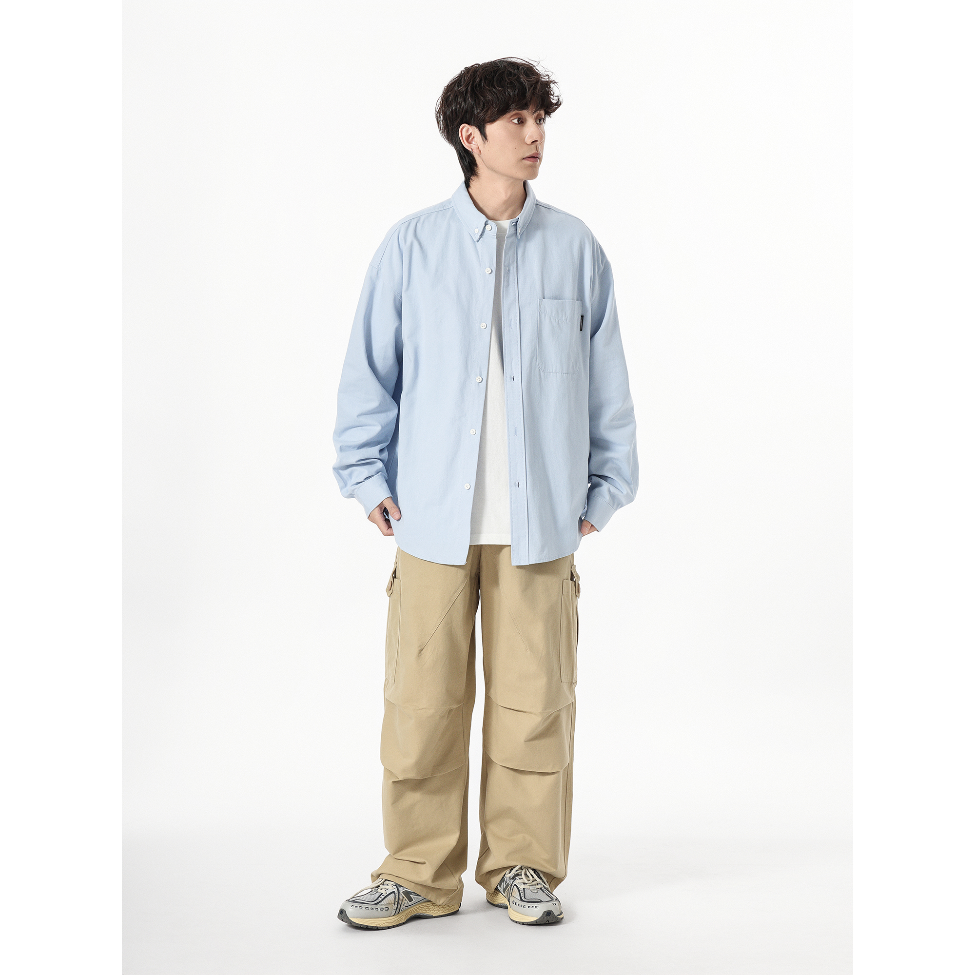 YOKE STUDIO美式复古翻领纯色休闲衬衫男cityboy秋宽松长袖上衣-图2