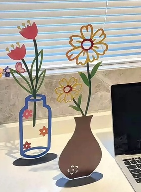 创意2d平面彩印花瓶花插墙壁剪影室内客厅背景墙工艺品装饰摆件