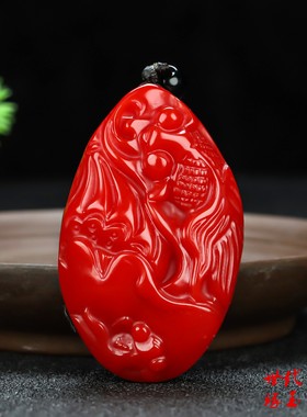 新疆和田玉鸡血石莲年有鱼挂件原石红玉富贵有余金鱼手把件腰挂件