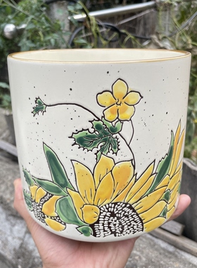 手绘向日葵陶瓷花盆收纳厨房汤勺饭勺子蝴蝶兰绿萝创意北欧干花筒