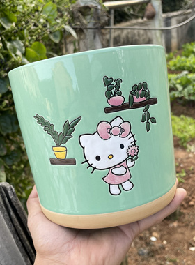 陶瓷花盆手绘凯蒂猫放筷子筒带孔厨房饭勺收纳桶罐子干花筒装饰品