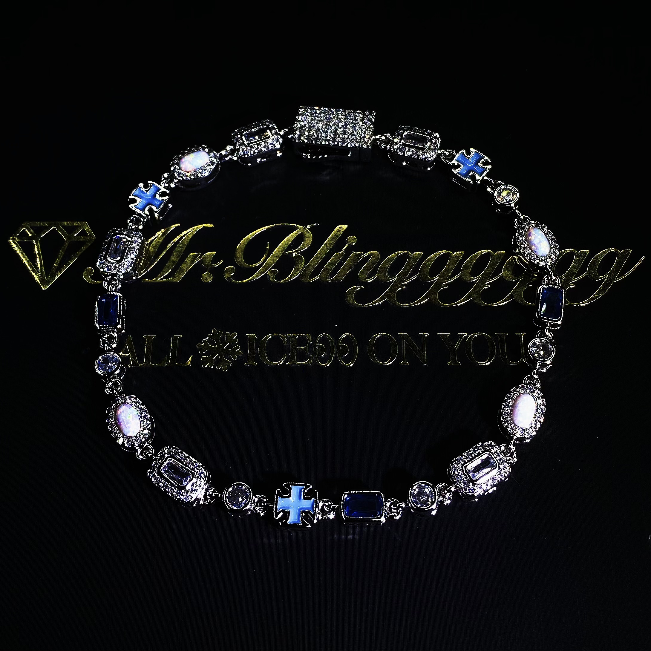 Mr.Blingggggg European and American hip-hop jewelry, Opal enamel full of diamonds, ice blue colored gemstones, small fresh bracelets