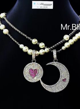 Mr.Blingggggg欧美嘻哈珠宝 满钻情侣款吸铁石可拆分月亮爱心吊坠