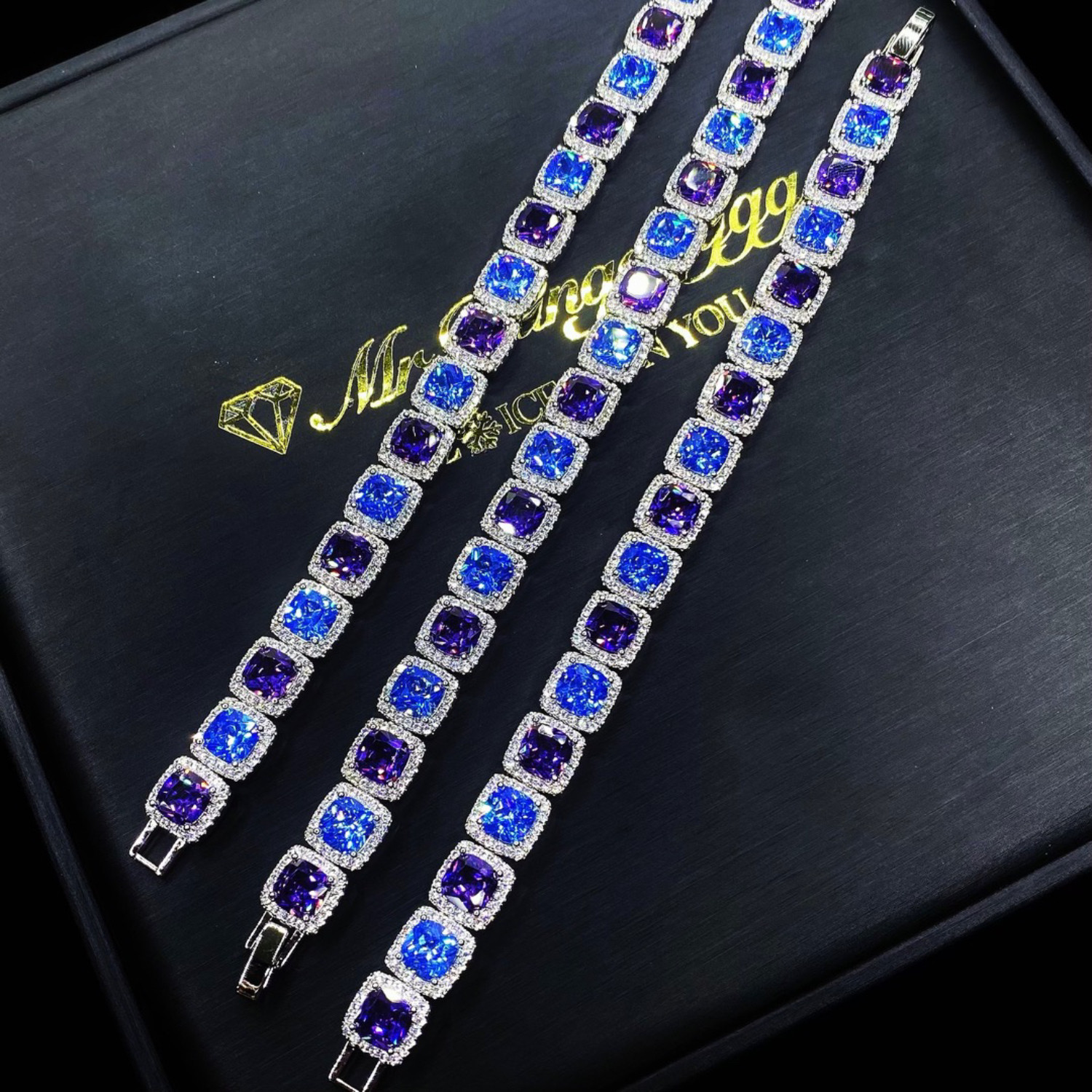 Mr.Blingggggg European and American hip-hop jewelry, full of diamonds mixed with blue and purple inlaid, unisex rock candy bracelets
