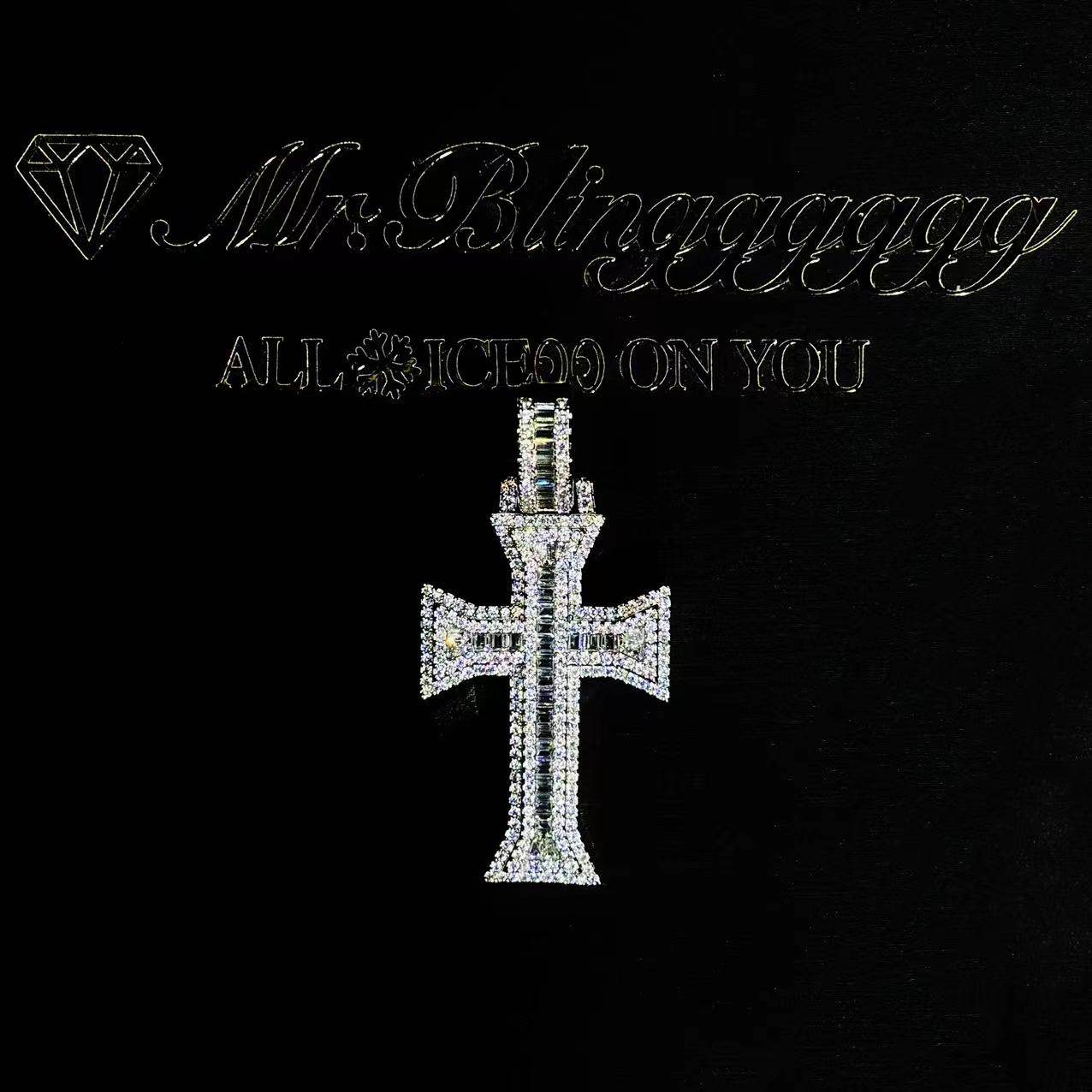 Mr.Blingggggg European and American hip-hop jewelry, full diamond mixed inlaid with spiked cross step square diamond pendant