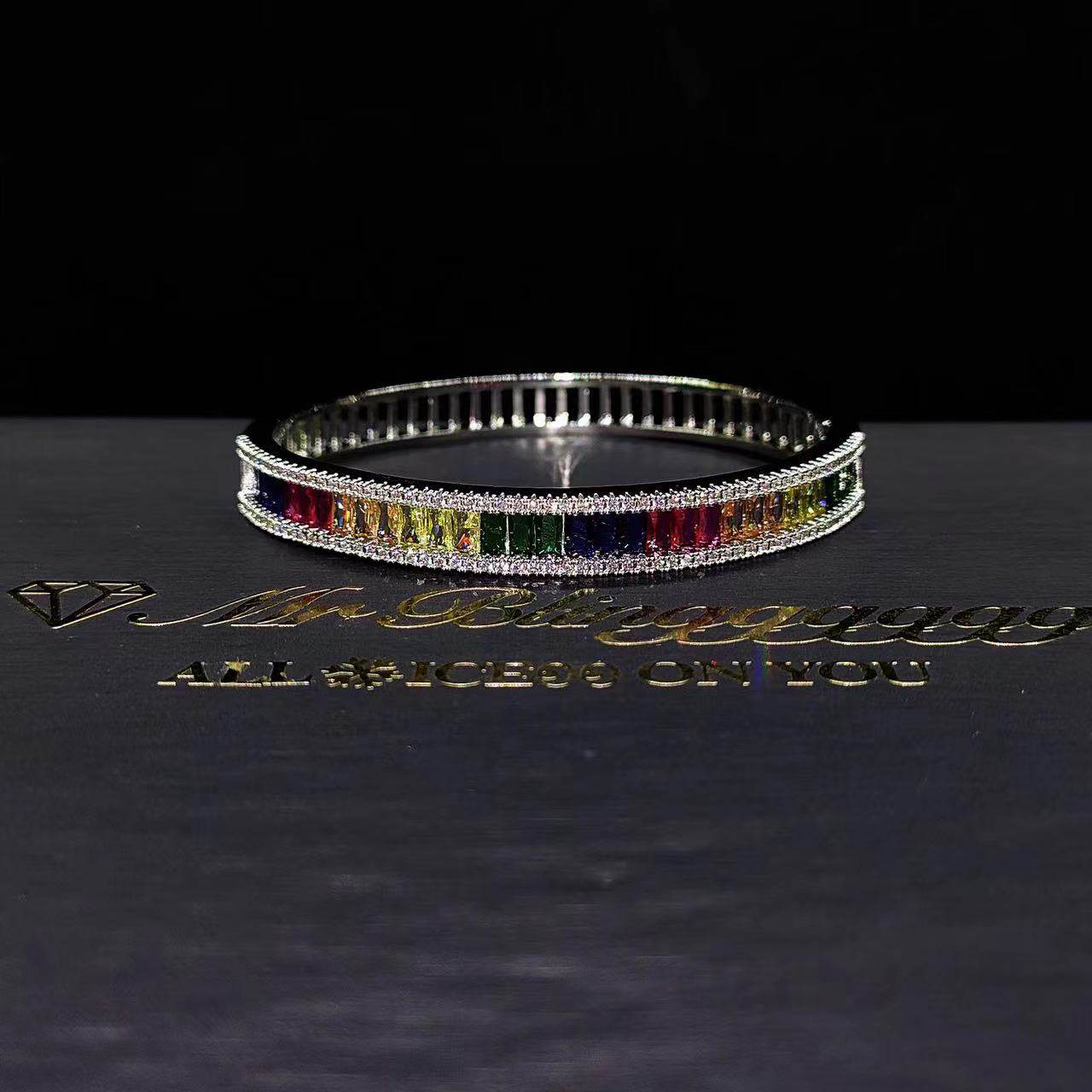 Mr.Blingggggg European and American hip-hop jewelry full diamond mixed inlaid with rainbow color trapezoid diamond couple bracelet