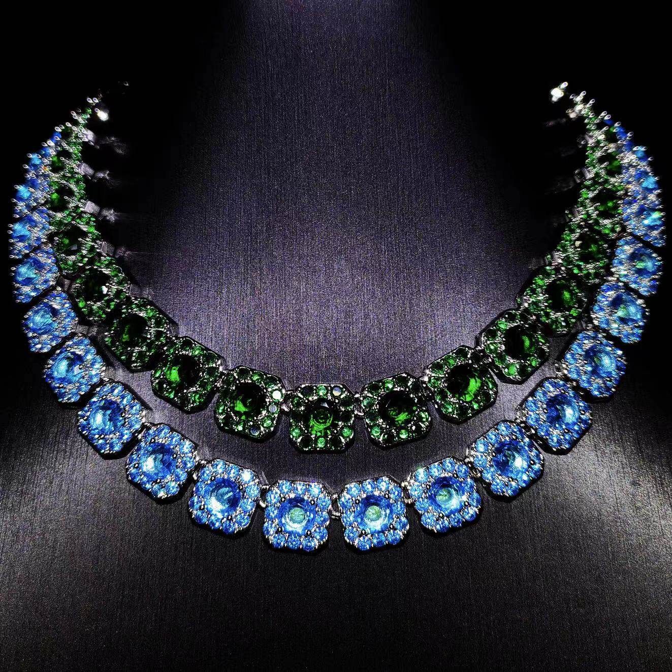 Mr.Blingggggg European and American hip-hop jewelry customized full diamond 12mm sea blue emerald green rock candy necklace