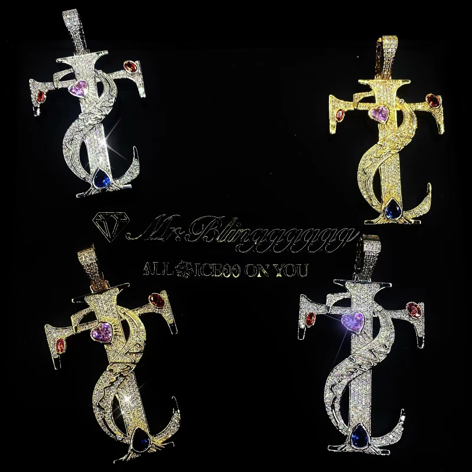 Mr.Blingggggg European and American hip-hop jewelry full diamond mixed solid small town cross pendant