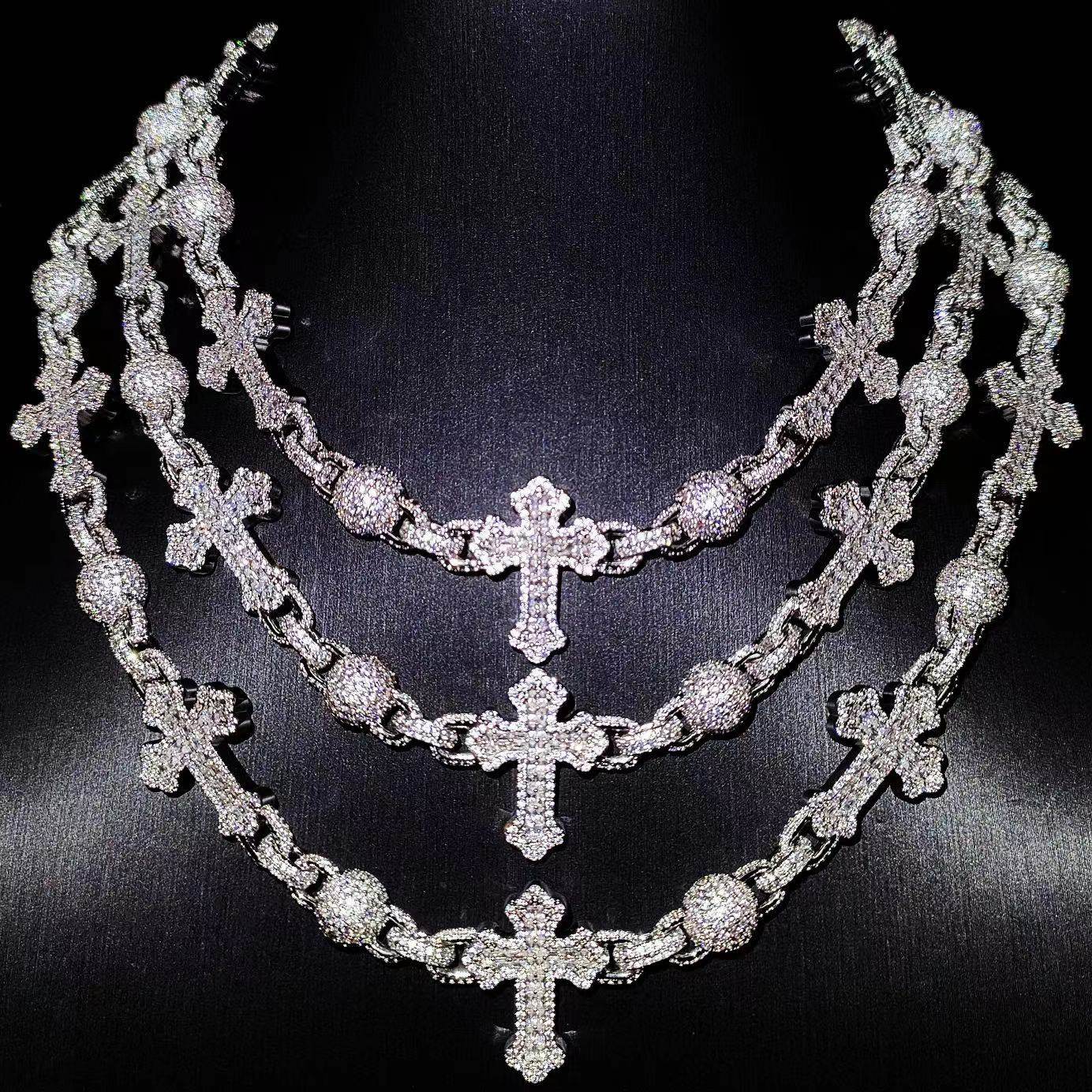 Mr.Blingggggg European and American hip-hop jewelry versatile full diamond ball bead splicing mixed inlaid cross heavy industry necklace