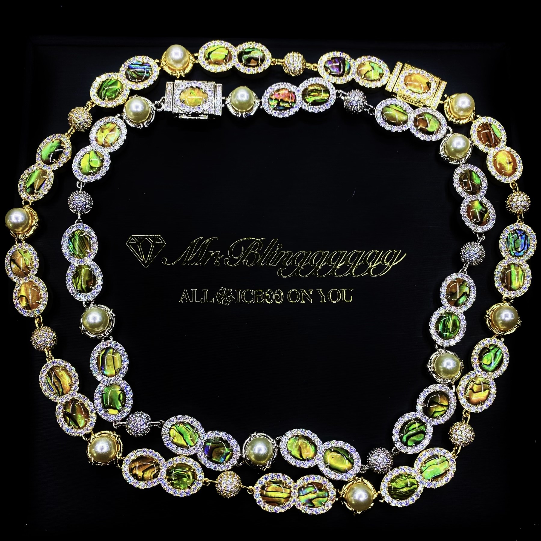 Mr.Blingggggg European and American hip-hop jewelry 10mm full diamond inlaid opal pearl retro colorful gemstone necklace
