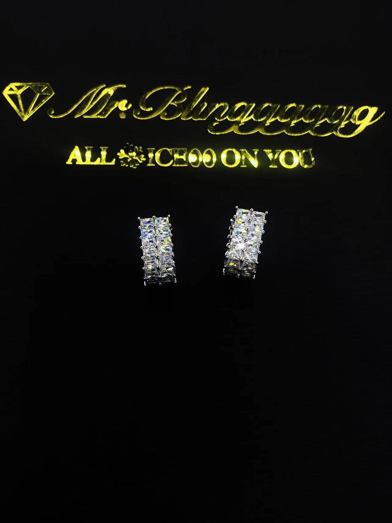 Mr.Blingggggg European and American hip-hop jewelry S925 sterling silver double row square diamond super flash couple ear clip earrings