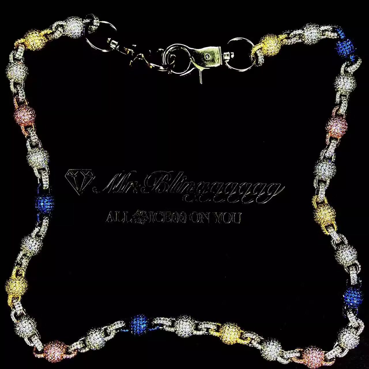 Mr.Blingggggg European and American hip-hop jewelry Young Lord's same style full diamond colorful round bead pants chain necklace