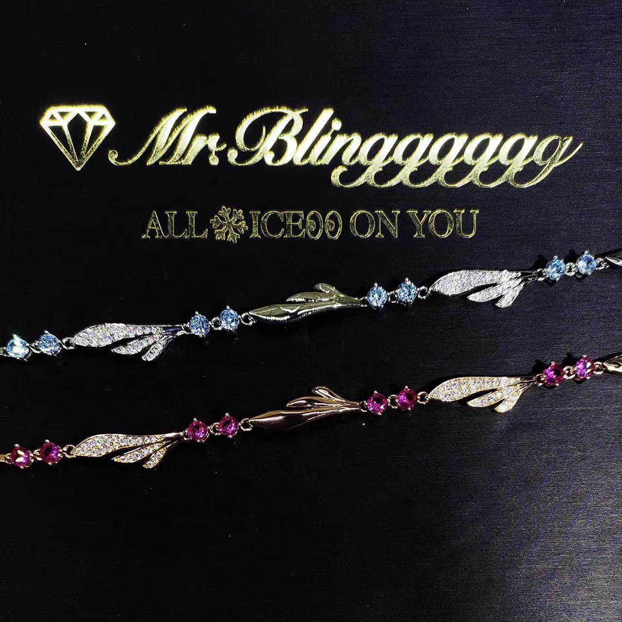 Mr.Blingggggg European and American hip-hop jewelry s925 sterling silver half diamond angel wings sea blue adjustable bracelet